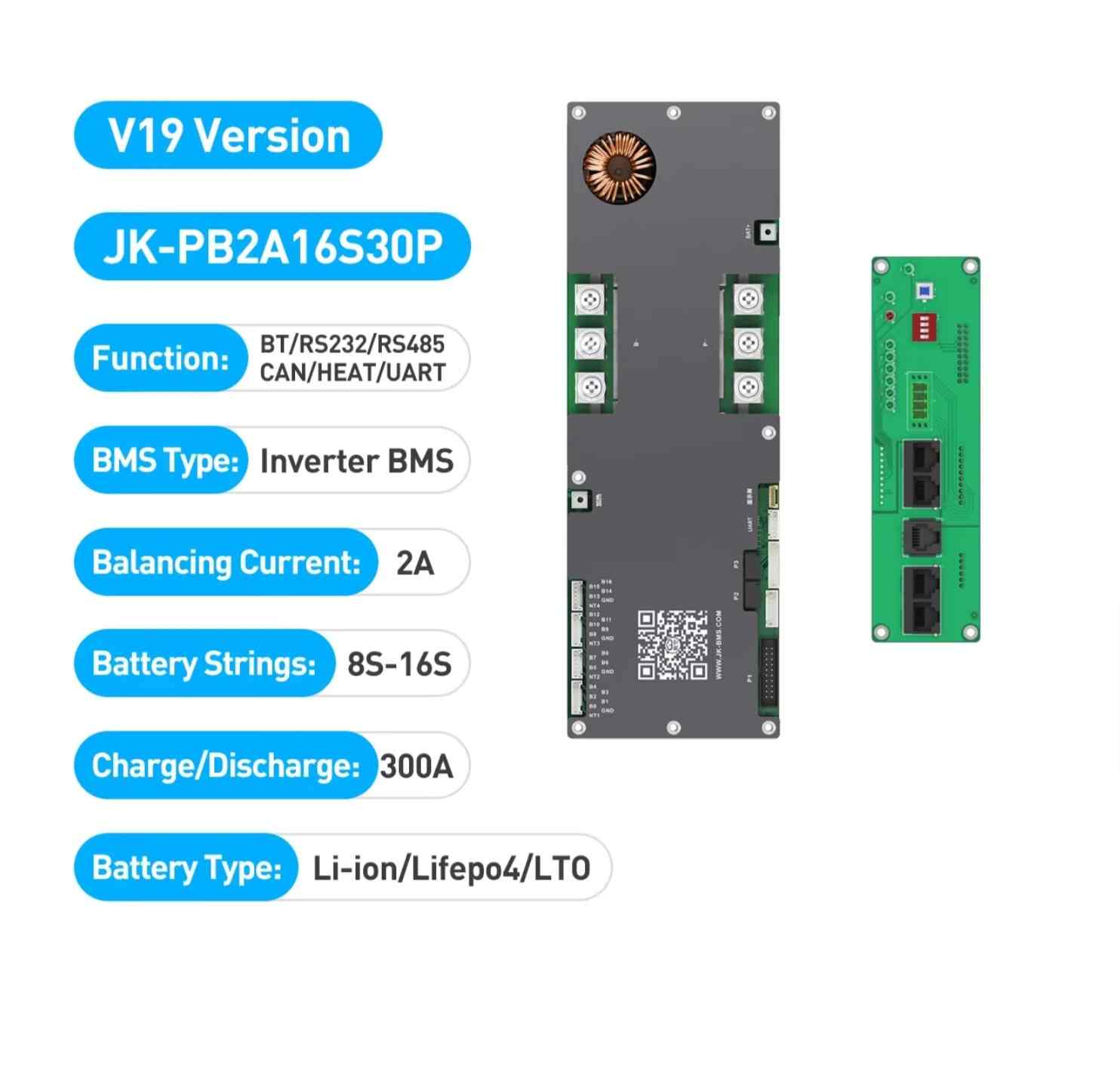JK PB2A16S30P 300A V19 8S-16S 2A Active Balancer Smart BMS WITH COMMS